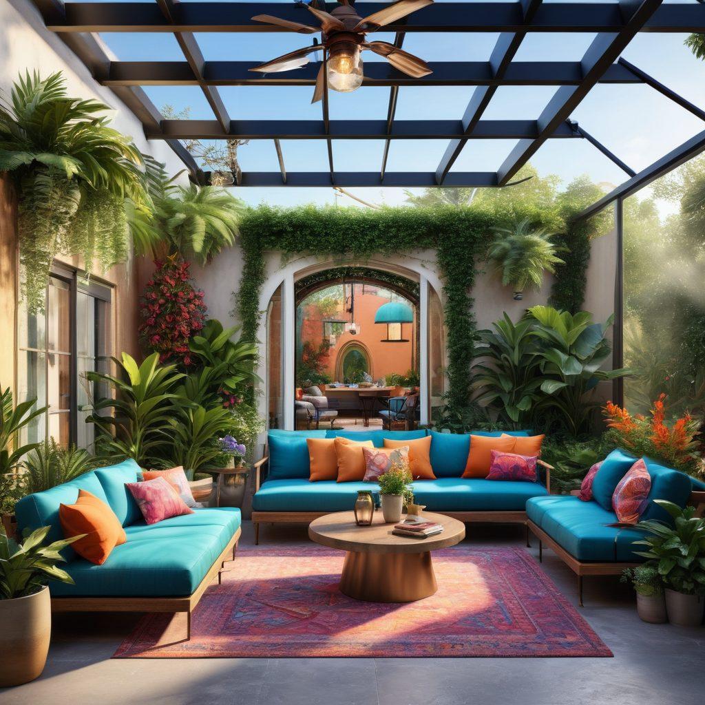 A dreamy living space showcasing an innovative interior design with vibrant colors, incorporating both modern and classic elements. Include lush plants, artistic lighting fixtures, and cozy seating areas that flow into a stylish outdoor patio with elegant furniture and unique landscaping. Capture the fusion of indoor and outdoor enhancements in a harmonious layout. super-realistic. vibrant colors. digital painting.