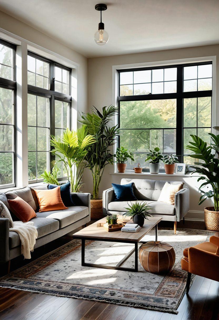 A beautifully renovated living room showcasing modern design elements and cozy decor, with bright light filtering through large windows. Include a vision board in the foreground illustrating renovation ideas and color schemes. Surround it with houseplants and a few design tools scattered around to evoke creativity. super-realistic. vibrant colors. cozy atmosphere.