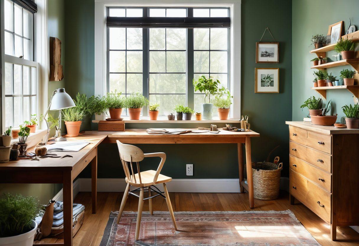 A cozy home interior showcasing various home improvement tools like a hammer, paintbrush, and measuring tape, nestled among freshly painted walls and stylish furniture. Sunlight streaming through a window illuminates a DIY project board with practical tips, while a mini herb garden adds a touch of nature. Inviting and warm atmosphere encourages creativity and hands-on solutions. super-realistic. vibrant colors. 3D.